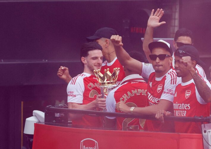 Rapping Declan Rice loses voice during parade and vows Arsenal ‘coming back for more’