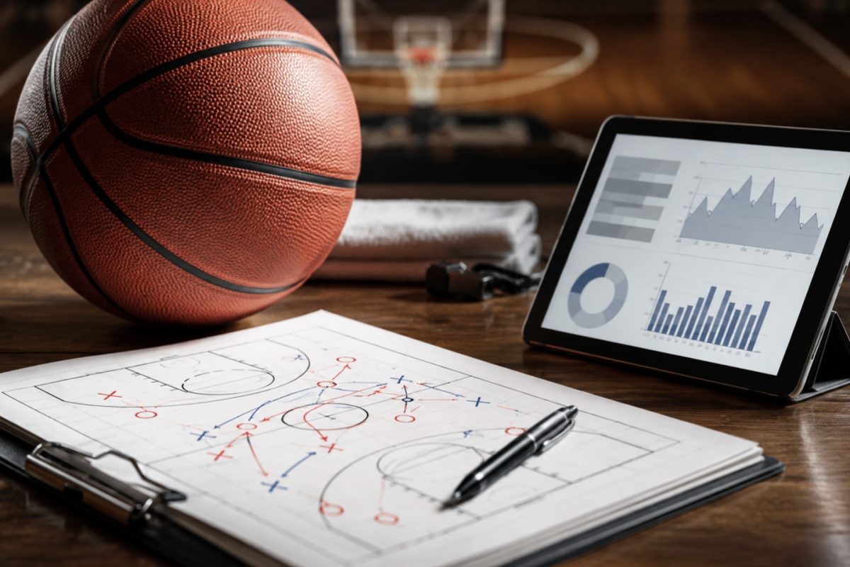 Basketball, tactic sheet and tablet with charts arranged on a court-side desk